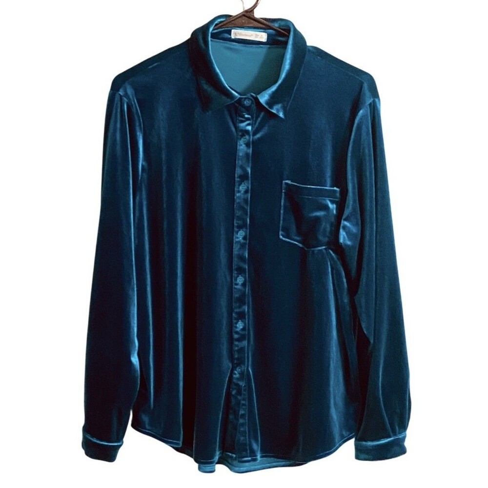 R. Vivimos Womens Teal Velvet Button Up Top 16/18 Romantic Fairycore Minimalist